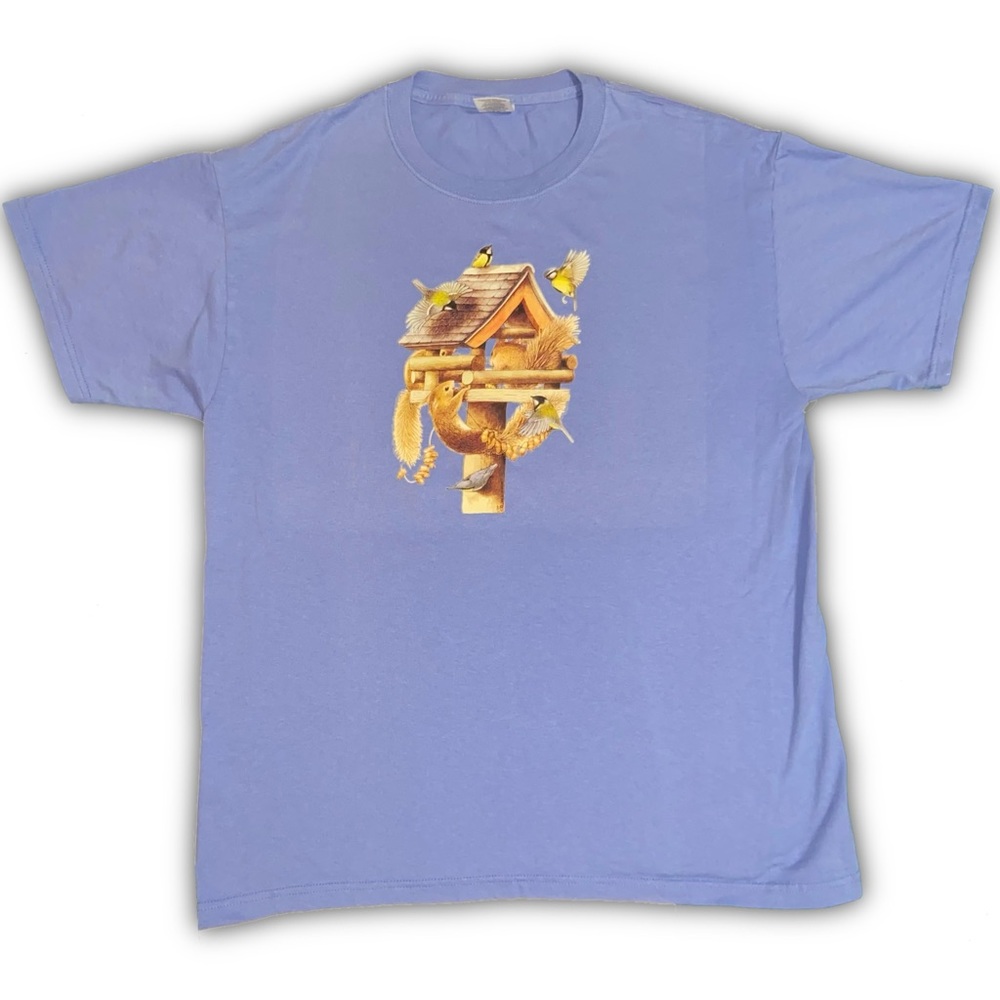 vintage purple squirrel and bird house t-shirt